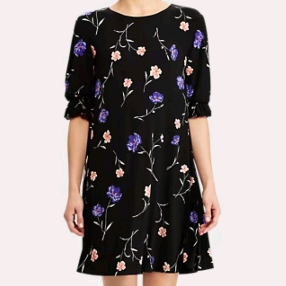 Ralph Lauren Floral Shift Dress round neck, elbow-length sleeves w Ruffle Cuffs